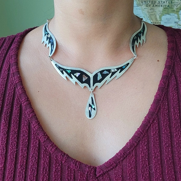 Vintage Mexican Alpaca Silver Abalone Shell Ornate Bib Necklace - Picture 14 of 16